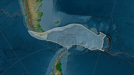 Téléchargez les photos : Emplacements des tremblements de terre à proximité de la plaque tectonique Scotia plus grande que magnitude 6,5 enregistrée depuis le début du 17ème siècle sur la carte physique de l'altitude dans la projection cylindrique (oblique) Patterson - en image libre de droit