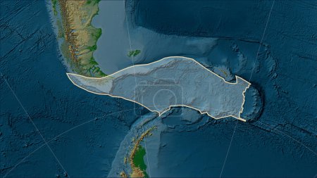 Téléchargez les photos : Forme de la plaque tectonique Scotia sur la carte physique de l'altitude dans la projection cylindrique (oblique) Patterson - en image libre de droit