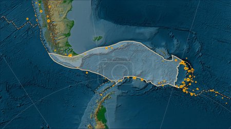 Téléchargez les photos : Limites des plaques tectoniques adjacentes à la plaque tectonique Scotia sur la carte physique de l'altitude dans la projection cylindrique (oblique) Patterson - en image libre de droit