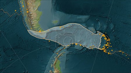 Téléchargez les photos : Limites des plaques tectoniques adjacentes à la plaque tectonique Scotia sur la carte d'élévation de style Wiki dans la projection cylindrique (oblique) Patterson - en image libre de droit