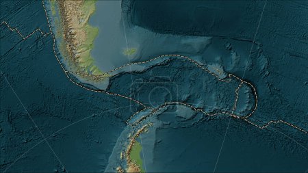 Téléchargez les photos : Scotia plaque tectonique et les limites des plaques adjacentes sur la carte d'élévation de style Wiki dans la projection cylindrique Patterson (oblique) - en image libre de droit