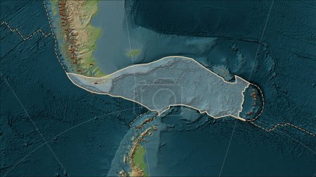 Téléchargez les photos : Emplacements des tremblements de terre à proximité de la plaque tectonique Scotia plus grande que magnitude 6,5 enregistrée depuis le début du 17ème siècle sur la carte d'altitude de style Wiki dans la projection cylindrique (oblique) Patterson - en image libre de droit