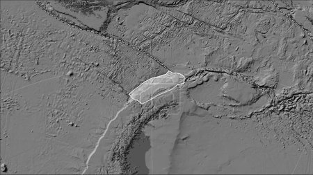 Foto de Distribución de volcanes conocidos alrededor de la placa tectónica de Shetland en el mapa de elevación bilevel en la proyección cilíndrica (oblicua) de Patterson - Imagen libre de derechos