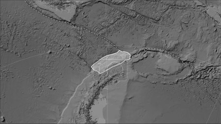 Photo for Distribution of known volcanoes around the Shetland tectonic plate on the grayscale elevation map in the Patterson Cylindrical (oblique) projection - Royalty Free Image
