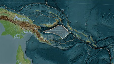 Téléchargez les photos : Plaque tectonique de la mer Salomon et limites des plaques adjacentes sur la carte d'élévation de style Wiki dans la projection cylindrique (oblique) Patterson - en image libre de droit
