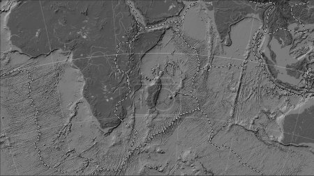 Foto de Placa tectónica somalí y los límites de las placas adyacentes en el mapa de elevación bilevel en la proyección cilíndrica Patterson (oblicua) - Imagen libre de derechos