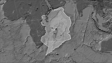 Téléchargez les photos : Emplacements des tremblements de terre à proximité de la plaque tectonique somalienne de plus de 6,5 magnitude enregistrés depuis le début du XVIIe siècle sur la carte d'élévation bilevel dans la projection cylindrique (oblique) de Patterson - en image libre de droit