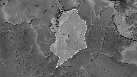 Téléchargez les photos : Emplacements des tremblements de terre à proximité de la plaque tectonique somalienne de plus de 6,5 magnitude enregistrés depuis le début du XVIIe siècle sur la carte d'élévation en niveaux de gris dans la projection cylindrique (oblique) de Patterson - en image libre de droit