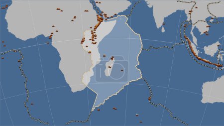 Téléchargez les photos : Emplacements des tremblements de terre à proximité de la plaque tectonique somalienne de plus de 6,5 magnitude enregistrés depuis le début du XVIIe siècle sur la carte à contour solide dans la projection cylindrique (oblique) de Patterson - en image libre de droit