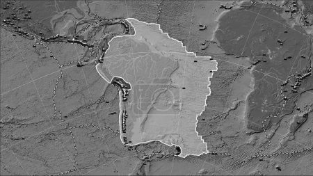 Téléchargez les photos : Emplacements des tremblements de terre à proximité de la plaque tectonique sud-américaine de plus de magnitude 6,5 enregistrés depuis le début du XVIIe siècle sur la carte d'élévation bilevel dans la projection cylindrique (oblique) de Patterson - en image libre de droit