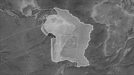 Foto de Distribución de volcanes conocidos alrededor de la placa tectónica sudamericana en el mapa de elevación a escala de grises en la proyección cilíndrica (oblicua) de Patterson - Imagen libre de derechos