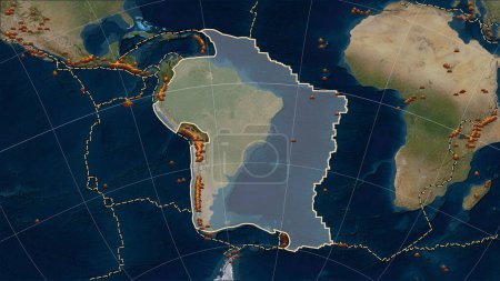Foto de Localizaciones de terremotos en las proximidades de la placa tectónica sudamericana de mayor magnitud 6,5 registrada desde principios del siglo XVII en el mapa satelital de mármol azul en la proyección cilíndrica (oblicua) de Patterson - Imagen libre de derechos