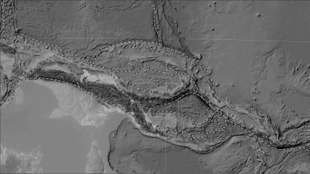 Téléchargez les photos : Limites des plaques tectoniques adjacentes à la plaque tectonique de South Bismarck sur la carte d'élévation en niveaux de gris dans la projection cylindrique (oblique) de Patterson - en image libre de droit