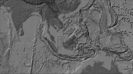 Foto de Límites de placas tectónicas adyacentes a la placa tectónica de Sunda en el mapa de elevación bilevel en la proyección cilíndrica (oblicua) de Patterson - Imagen libre de derechos