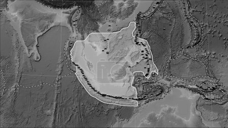 Téléchargez les photos : Distribution of known volcanoes around the Sunda tectonic plate on the grayscale elevation map in the Patterson Cylindrical (oblique) projection - en image libre de droit