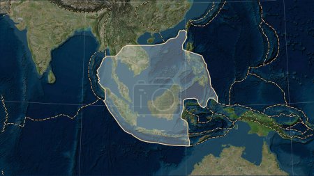 Téléchargez les photos : Plaque tectonique Sunda et limites des plaques adjacentes sur la carte satellite Blue Marble dans la projection cylindrique (oblique) Patterson - en image libre de droit