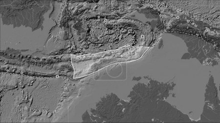 Foto de Localizaciones de terremotos en las proximidades de la placa tectónica de Timor superior a la magnitud 6.5 registrada desde principios del siglo XVII en el mapa de elevación bilevel en la proyección cilíndrica (oblicua) de Patterson - Imagen libre de derechos