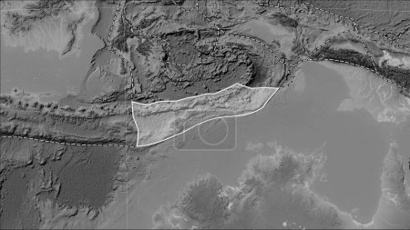 Téléchargez les photos : Plaque tectonique de Timor et limites des plaques adjacentes sur la carte d'élévation en niveaux de gris dans la projection cylindrique (oblique) de Patterson - en image libre de droit