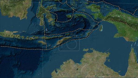 Téléchargez les photos : Limites des plaques tectoniques adjacentes à la plaque tectonique Timor sur la carte satellite Blue Marble dans la projection cylindrique (oblique) Patterson - en image libre de droit