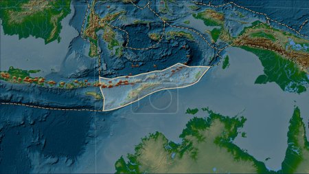 Foto de Distribución de volcanes conocidos alrededor de la placa tectónica de Timor en el mapa de elevación física en la proyección cilíndrica Patterson (oblicua) - Imagen libre de derechos