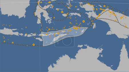 Téléchargez les photos : Limites des plaques tectoniques adjacentes à la plaque tectonique de Timor sur la carte des contours solides dans la projection cylindrique (oblique) de Patterson - en image libre de droit
