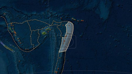 Foto de Localizaciones de terremotos en las proximidades de la placa tectónica de Tonga mayor que la magnitud 6.5 registrada desde principios del siglo XVII en el mapa satelital de mármol azul en la proyección cilíndrica (oblicua) de Patterson - Imagen libre de derechos