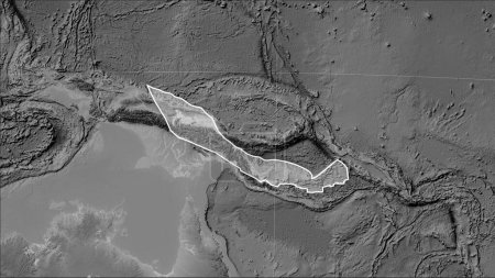 Foto de Forma de la placa tectónica Woodlark en el mapa de elevación de escala de grises en la proyección cilíndrica Patterson (oblicua) - Imagen libre de derechos