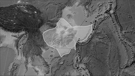 Téléchargez les photos : Emplacements des tremblements de terre à proximité de la plaque tectonique du Yangtze plus grande que la magnitude 6,5 enregistrée depuis le début du 17ème siècle sur la carte de l'altitude en niveaux de gris dans la projection cylindrique (oblique) Patterson - en image libre de droit