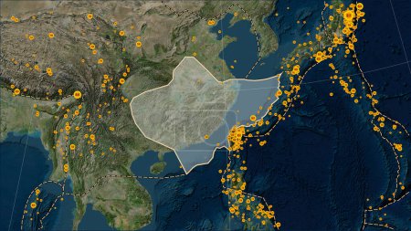 Téléchargez les photos : Limites des plaques tectoniques adjacentes à la plaque tectonique du Yangtsé sur la carte satellite Blue Marble dans la projection cylindrique (oblique) Patterson - en image libre de droit