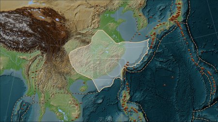 Téléchargez les photos : Emplacements des tremblements de terre à proximité de la plaque tectonique du Yangtze plus grande que magnitude 6,5 enregistrée depuis le début du 17ème siècle sur la carte d'altitude de style Wiki dans la projection cylindrique (oblique) Patterson - en image libre de droit