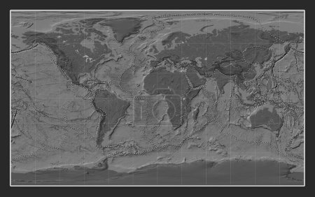 Téléchargez les photos : Limites des plaques tectoniques sur la carte d'élévation bilevel mondiale dans la projection Compact Miller centrée sur le méridien principal - en image libre de droit