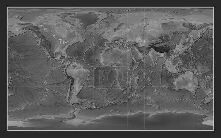 Téléchargez les photos : Limites des plaques tectoniques sur la carte de l'altitude en niveaux de gris dans la projection Compact Miller centrée sur le méridien principal - en image libre de droit