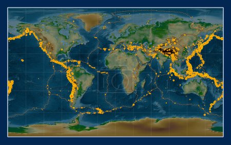 Foto de Situaciones de terremotos de magnitud superior a 6,5 registradas desde principios del siglo XVII en el mapa de elevación física mundial en la proyección Compact Miller centrada en el meridiano primario - Imagen libre de derechos