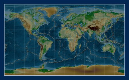 Photo for Tectonic plate boundaries on the world physical elevation map in the Compact Miller projection centered on the prime meridian - Royalty Free Image
