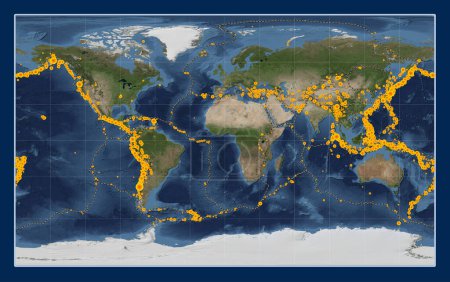 Foto de Localizaciones de terremotos por encima de 6,5 magnitudes registradas desde principios del siglo XVII en el mapa satelital de mármol azul del mundo en la proyección Compact Miller centrada en el meridiano principal - Imagen libre de derechos
