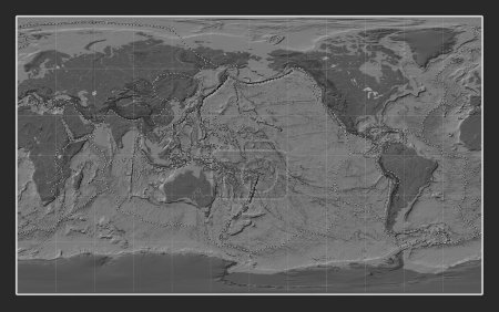 Téléchargez les photos : Limites des plaques tectoniques sur la carte d'élévation bilevel mondiale dans la projection Compact Miller centrée sur la ligne de date - en image libre de droit