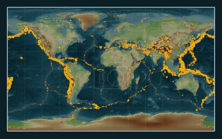 Photo for Locations of earthquakes above 6.5 magnitude recorded since the early 17th century on the world wiki style elevation map in the Compact Miller projection centered on the prime meridian - Royalty Free Image