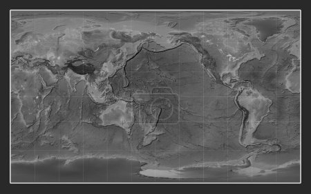 Foto de Mapa mundial de elevación a escala de grises en la proyección Compact Miller centrado en la línea de fecha - Imagen libre de derechos