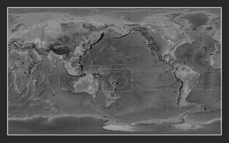 Photo for Distribution of known volcanoes on the world grayscale elevation map in the Compact Miller projection centered on the date line - Royalty Free Image