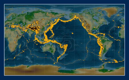 Photo for Locations of earthquakes above Richter 6.5 recorded since the early 17th century on the world physical elevation map in the Compact Miller projection centered on the date line - Royalty Free Image