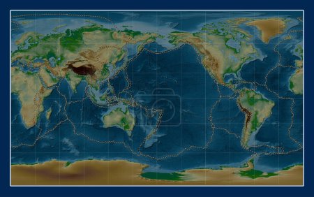 Téléchargez les photos : Limites des plaques tectoniques sur la carte de l'altitude physique mondiale dans la projection Compact Miller centrée sur la ligne de date - en image libre de droit