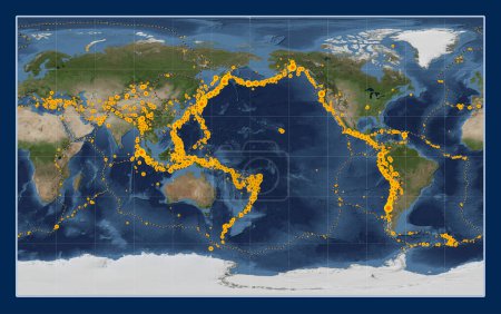 Foto de Ubicaciones de terremotos por encima de Richter 6.5 registradas desde principios del siglo XVII en el mapa satelital de mármol azul mundial en la proyección Compact Miller centrada en la línea de fecha - Imagen libre de derechos