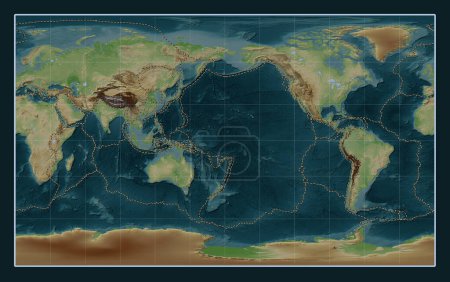 Téléchargez les photos : Limites des plaques tectoniques sur la carte d'élévation de style wikipédia mondiale dans la projection Compact Miller centrée sur la ligne de date - en image libre de droit