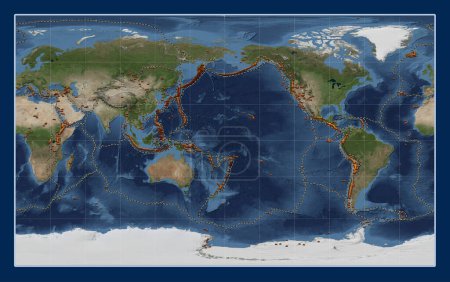 Foto de Distribución de volcanes conocidos en el mapa satélite de mármol azul del mundo en la proyección Compact Miller centrada en la línea de fecha - Imagen libre de derechos