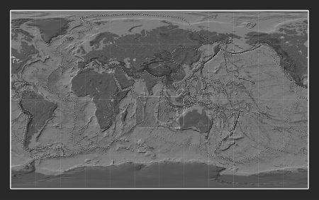 Téléchargez les photos : Limites des plaques tectoniques sur la carte d'élévation à bille mondiale dans la projection Compact Miller centrée sur la 90e longitude est du méridien - en image libre de droit