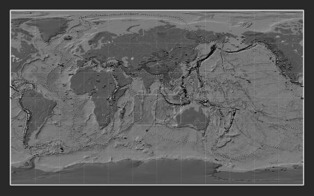 Photo for Distribution of known volcanoes on the world bilevel elevation map in the Compact Miller projection centered on the 90th meridian east longitude - Royalty Free Image