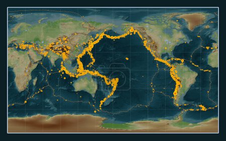 Photo for Locations of earthquakes above Richter 6.5 recorded since the early 17th century on the world wikipedia style elevation map in the Compact Miller projection centered on the date line - Royalty Free Image
