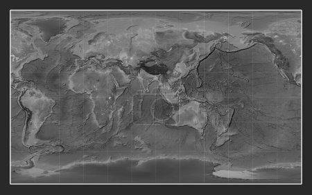 Photo for World grayscale elevation map in the Compact Miller projection centered on the 90th meridian east longitude - Royalty Free Image