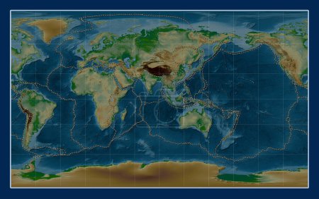 Foto de Límites de placas tectónicas en el mapa de elevación física mundial en la proyección Compact Miller centrada en la longitud 90 meridiano este - Imagen libre de derechos