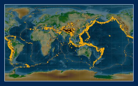 Photo for Locations of earthquakes above Richter 6.5 recorded since the early 17th century on the world physical elevation map in the Compact Miller projection centered on the 90th meridian east longitude - Royalty Free Image